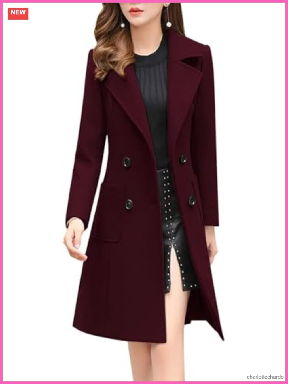 Women's Wool Blend Double Breasted Pea Coat Notched Lapel Winter